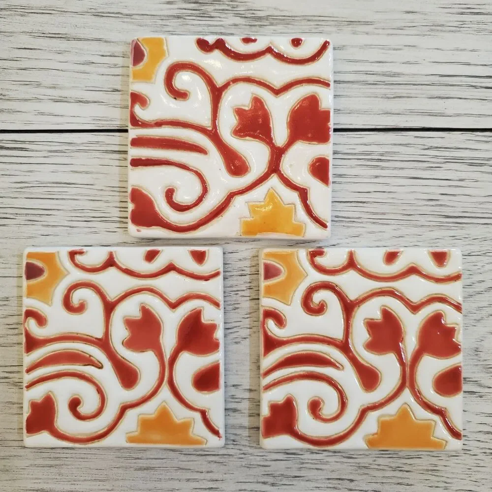 Pier 1 Ceramic Tile Scrollwork Glossy Finish Square Coasters Set of 3